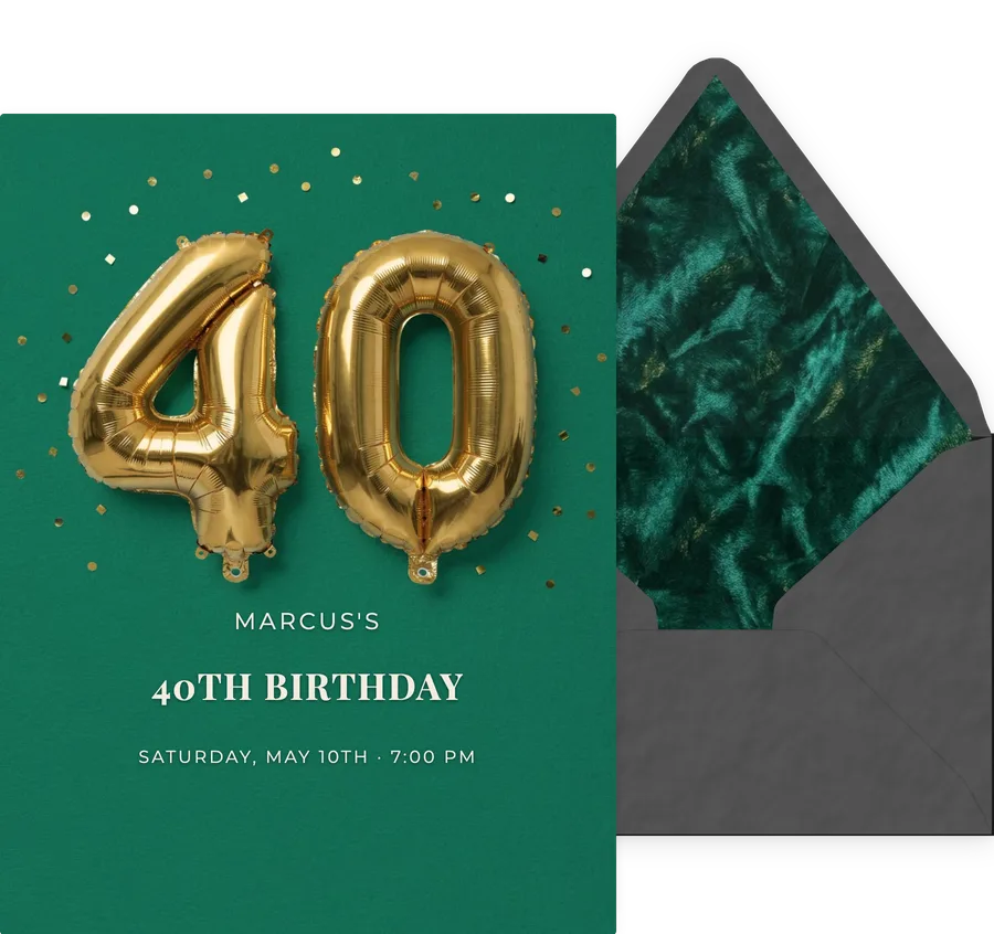 40th — Gold Balloon Emerald invitation