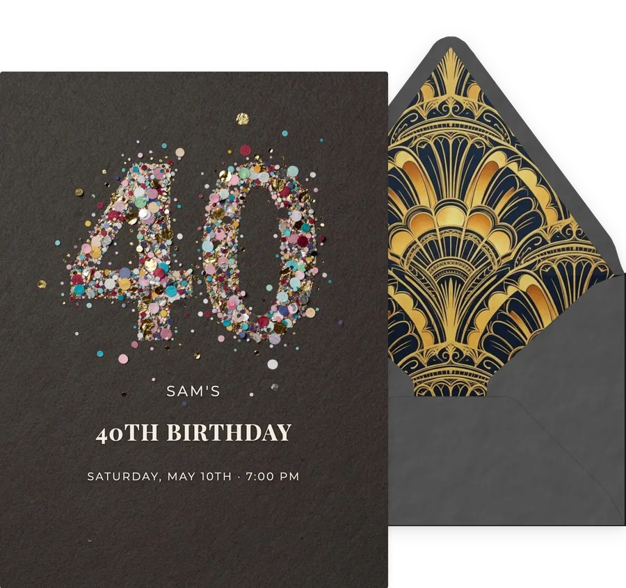 40th — Confetti Charcoal invitation
