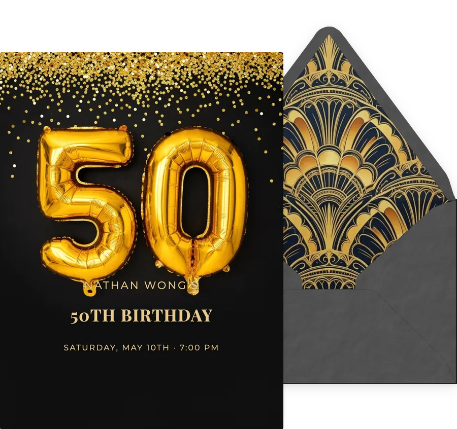 50th — Gold Balloon Black invitation