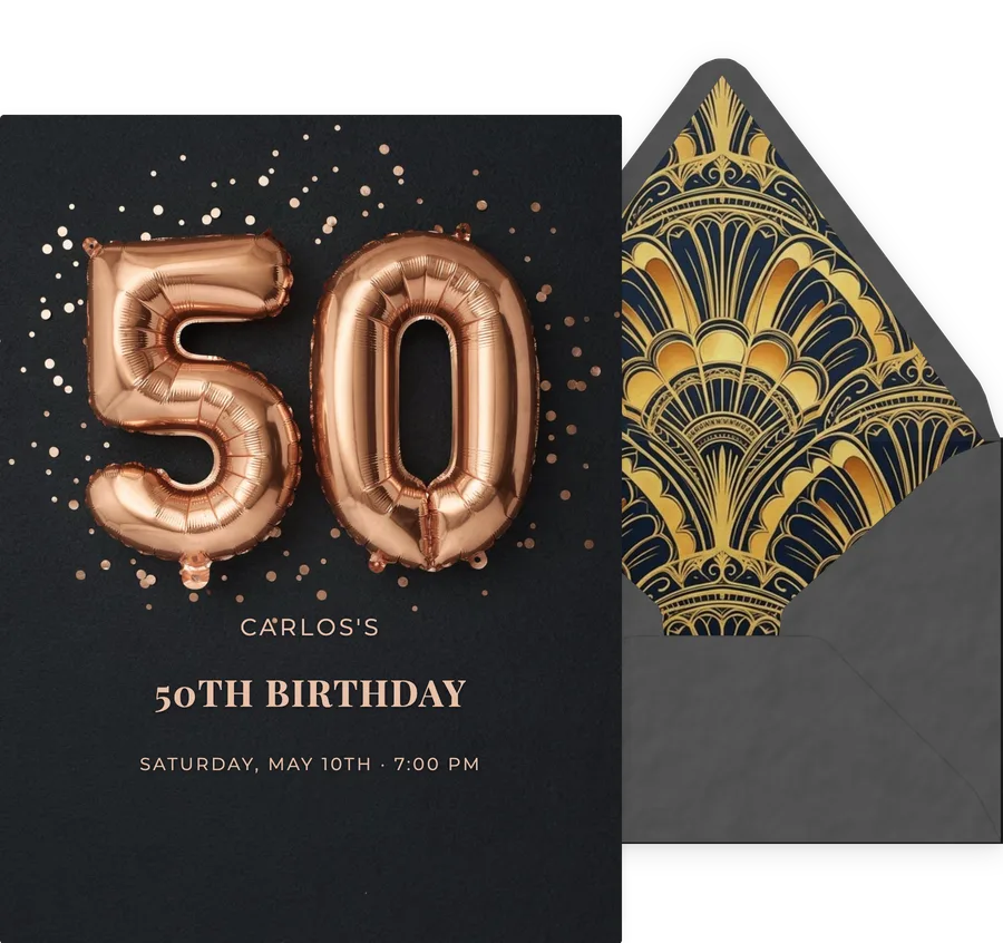 50th — Rosegold Balloon invitation