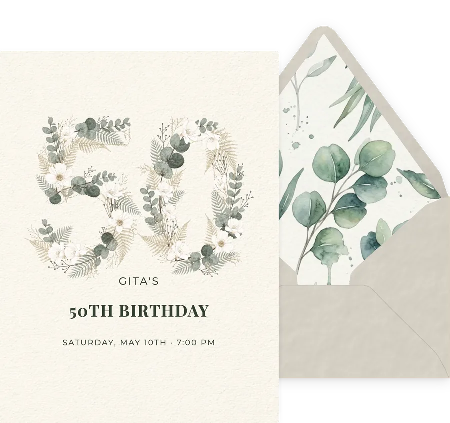 50th — Greenery Ivory invitation