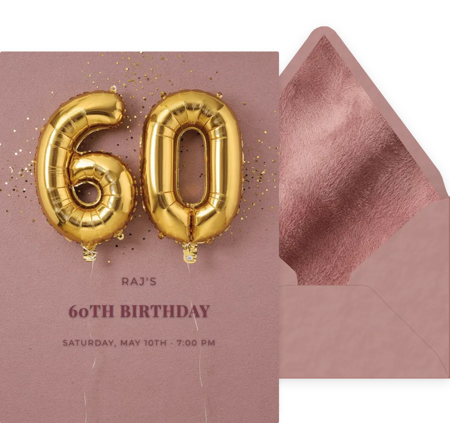 60th — Gold Balloon Rose invitation