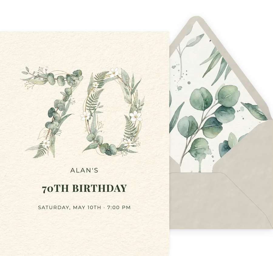 70th — Greenery Ivory invitation