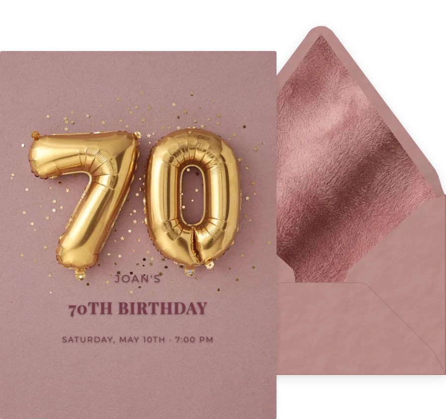70th — Gold Balloon Rose invitation