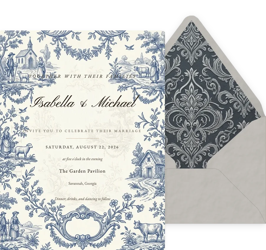 French Toile Blue invitation